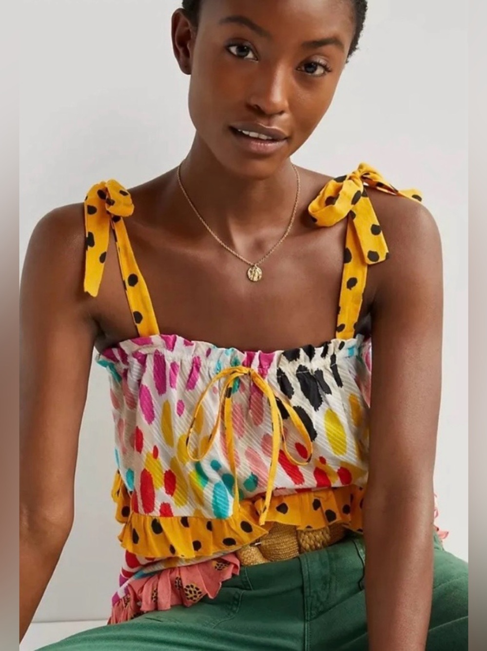 Anthropologie Conditions Apply Tie Leopard Abstract Ruffle Tank Top